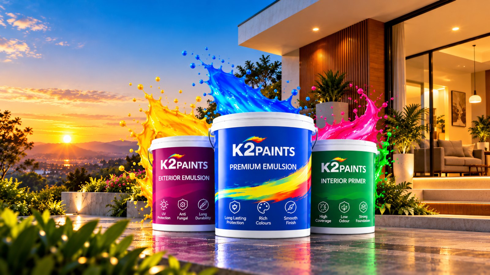 K2 Paints buckets — Premium Emulsion, Exterior Emulsion and Interior Primer at golden hour