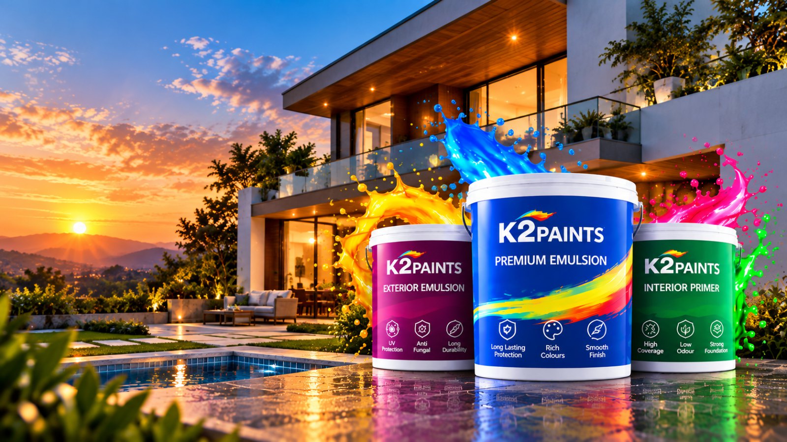 K2 Paints buckets beside a villa pool at sunset